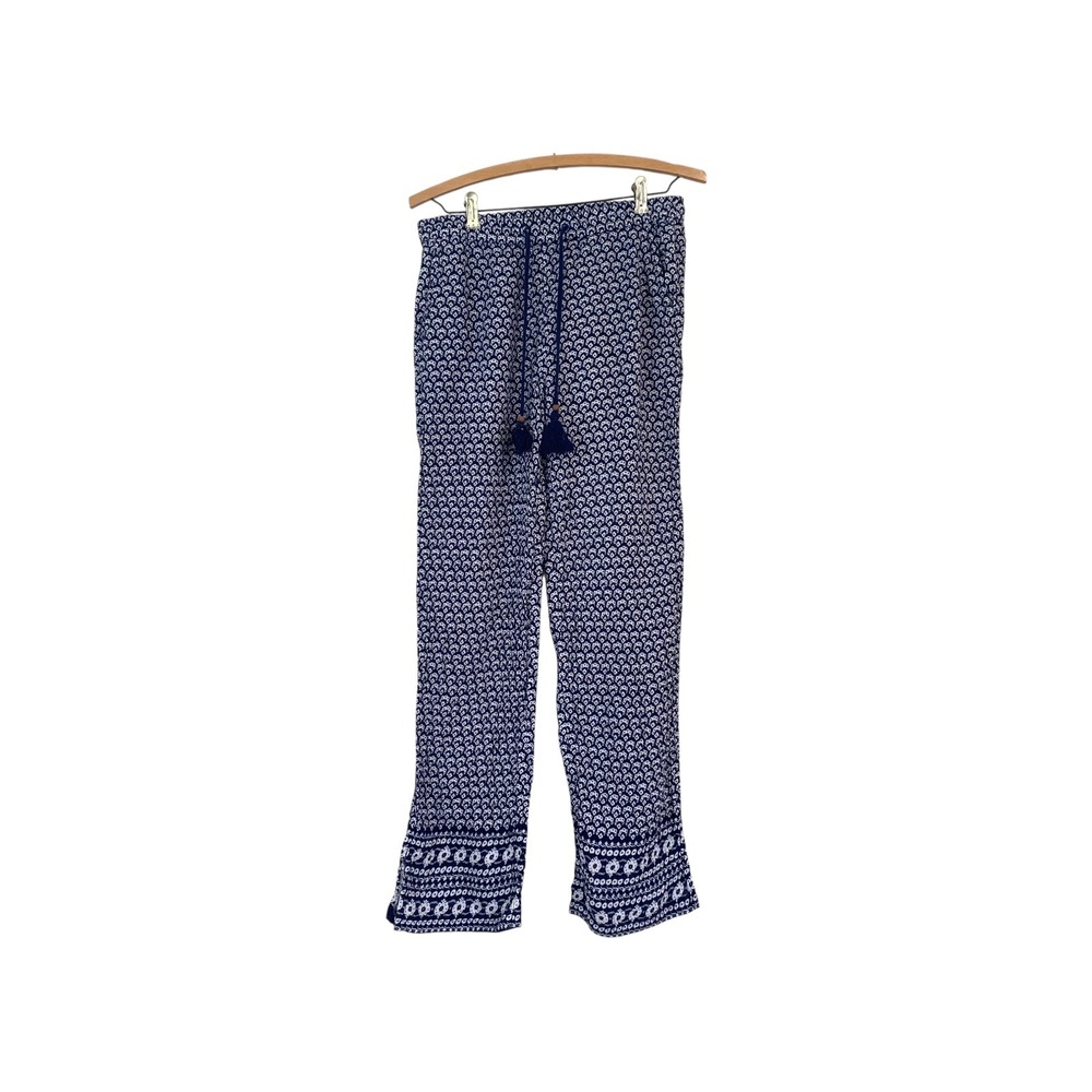 Talbots Womens XS Blue White Cotton Pajama Lounge Pants‎ Drawstring Tassel